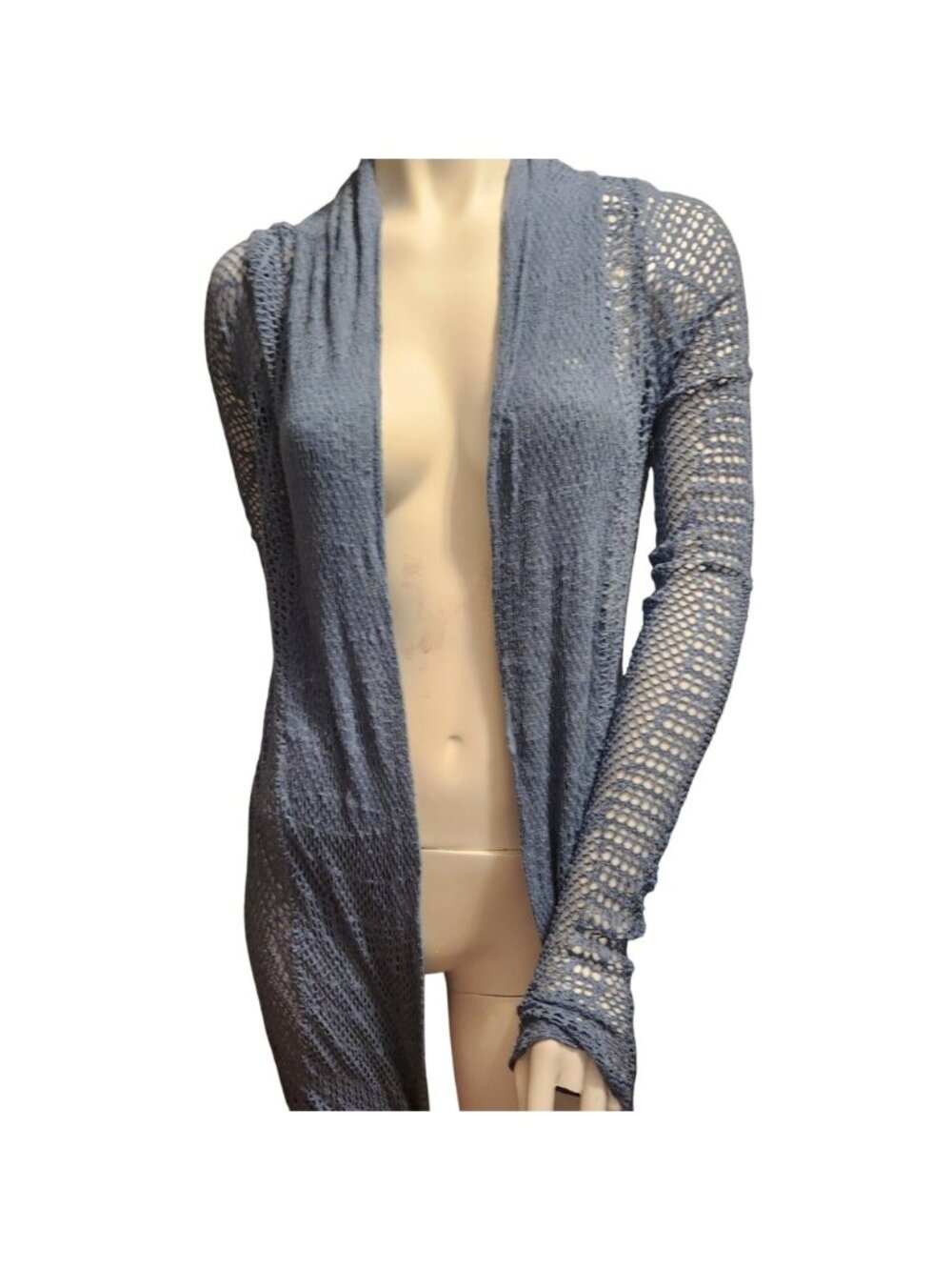 Bella Amore Italy Blue Open Knit Mesh Lace Back Long Sleeve Cardigan Duster